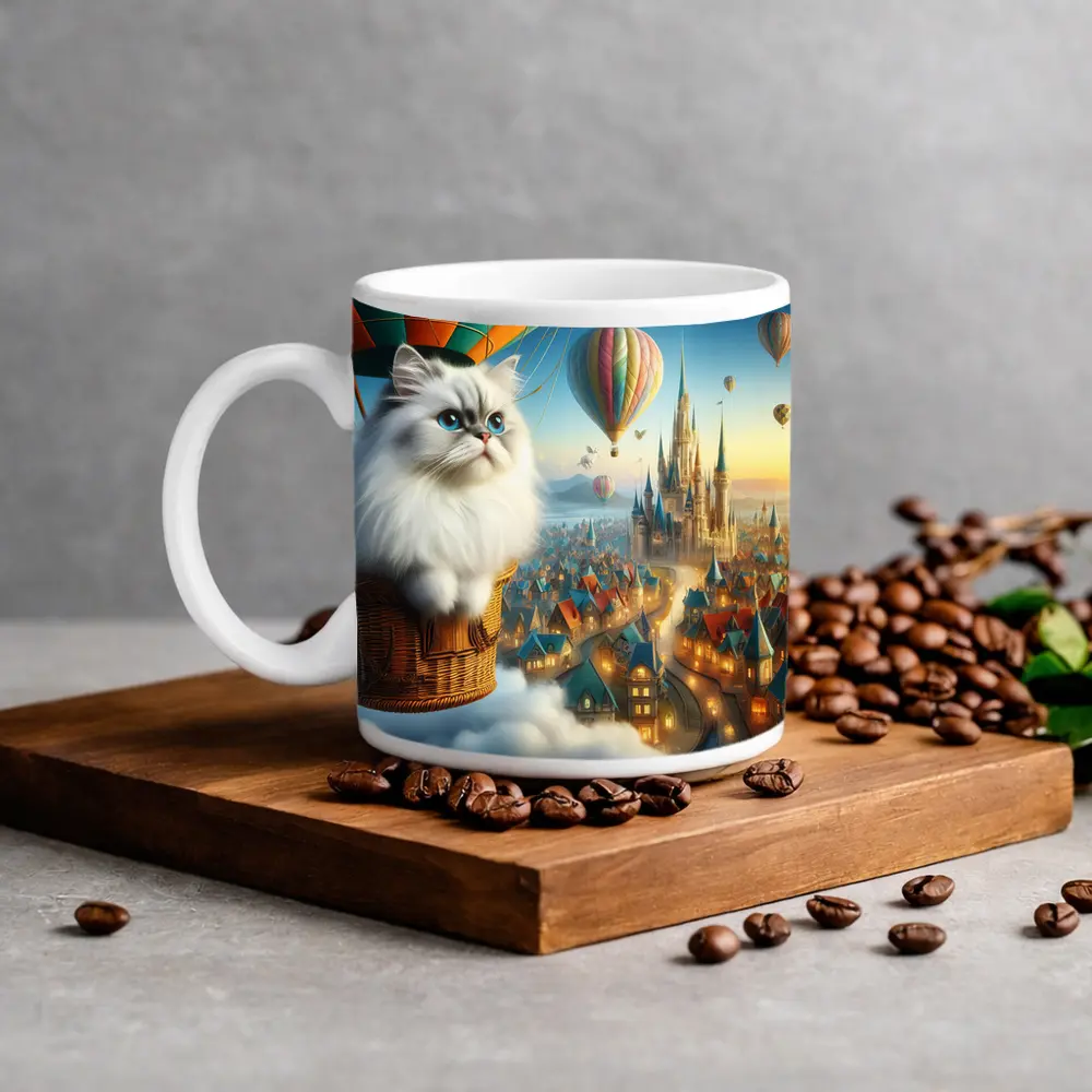 Persian Cat Hot Air Balloon Fantasy City – Mugs