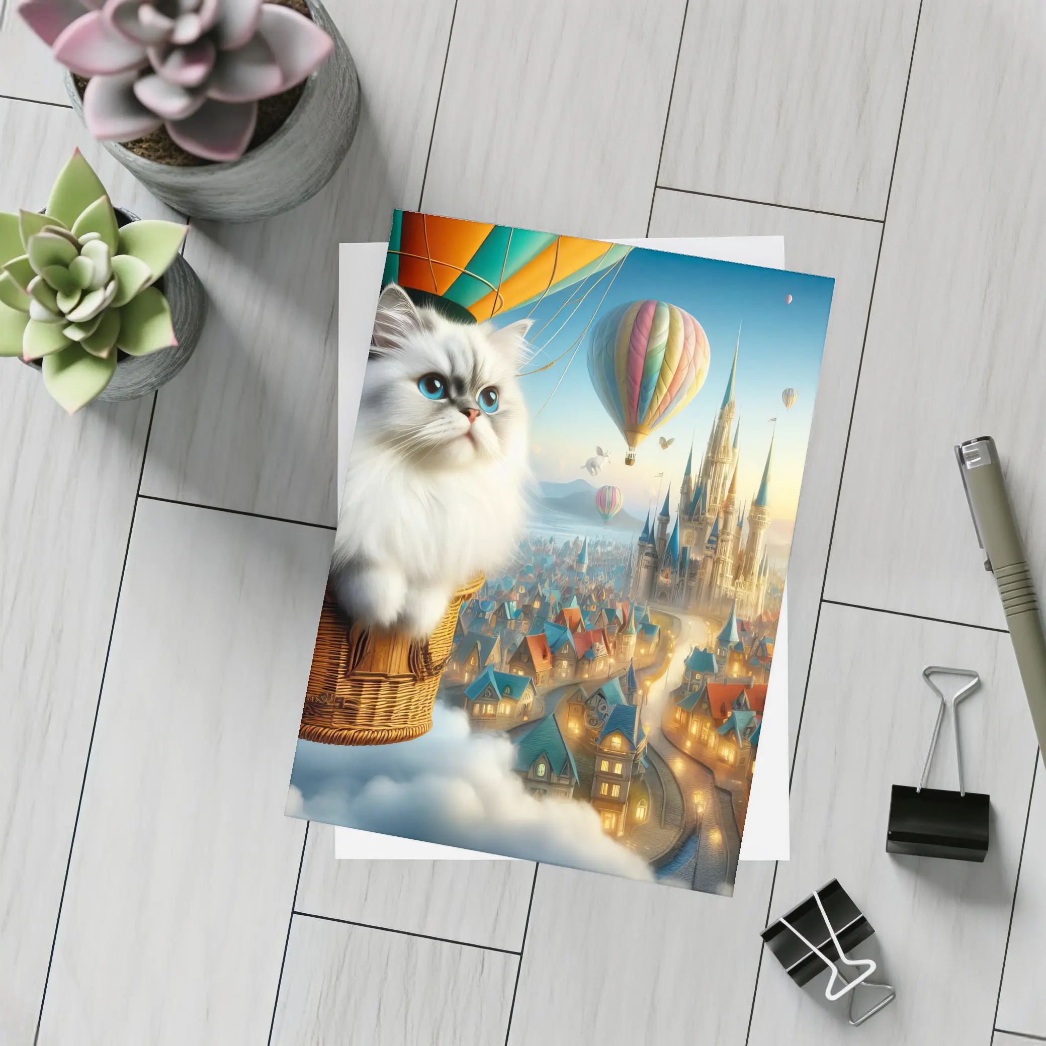 Persian Cat Hot Air Balloon Fantasy City – Postcards