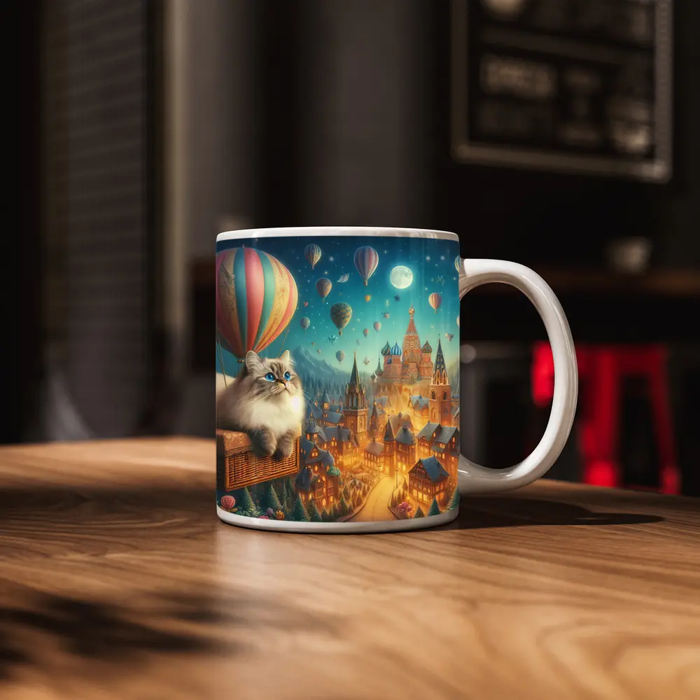 Ragdoll Cat Hot Air Balloon Fantasy City – Mugs