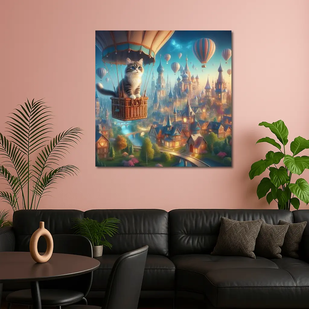 Cat Hot Air Balloon Fantasy Castle Town – Wall Art