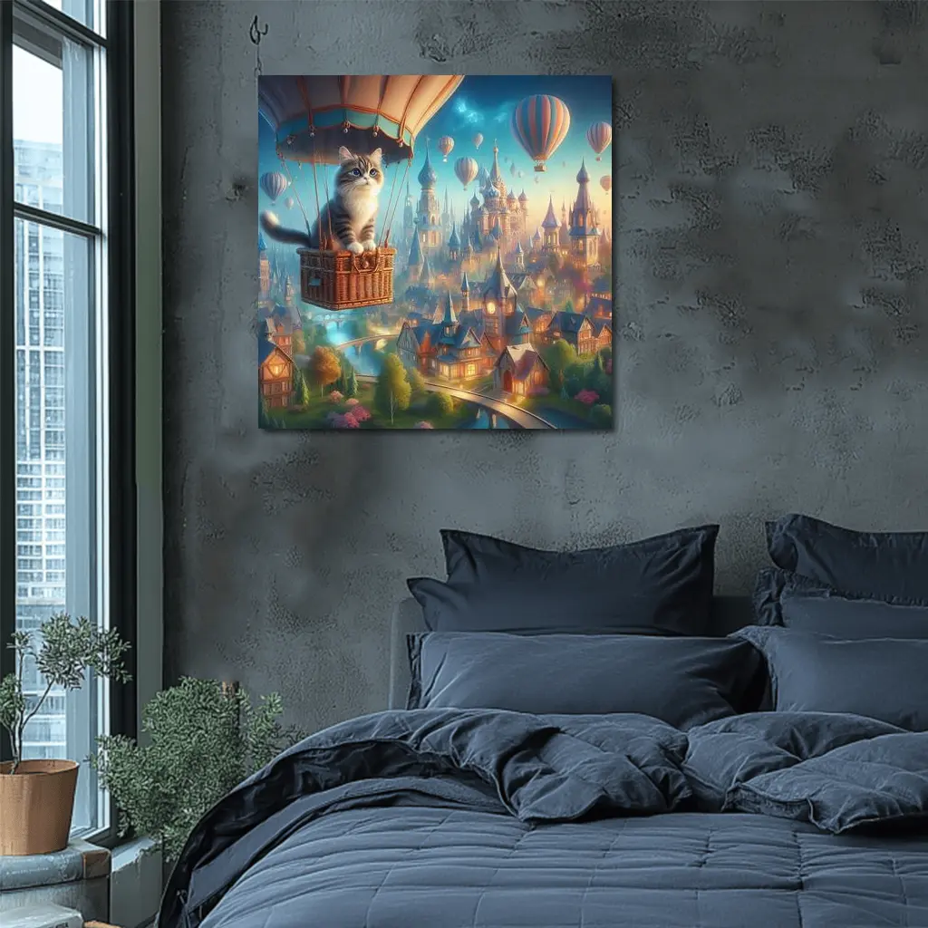 Cat Hot Air Balloon Fantasy Castle Town – Wall Art