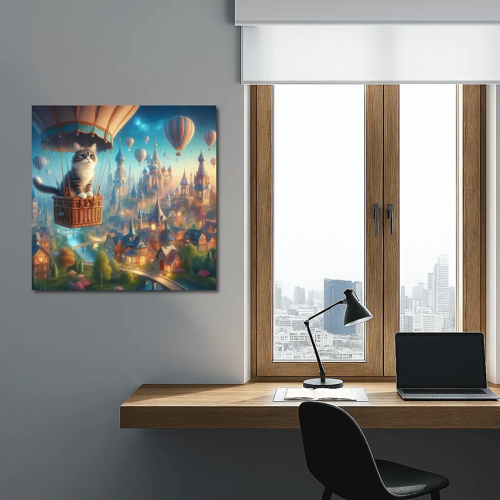 Cat Hot Air Balloon Fantasy Castle Town – Wall Art