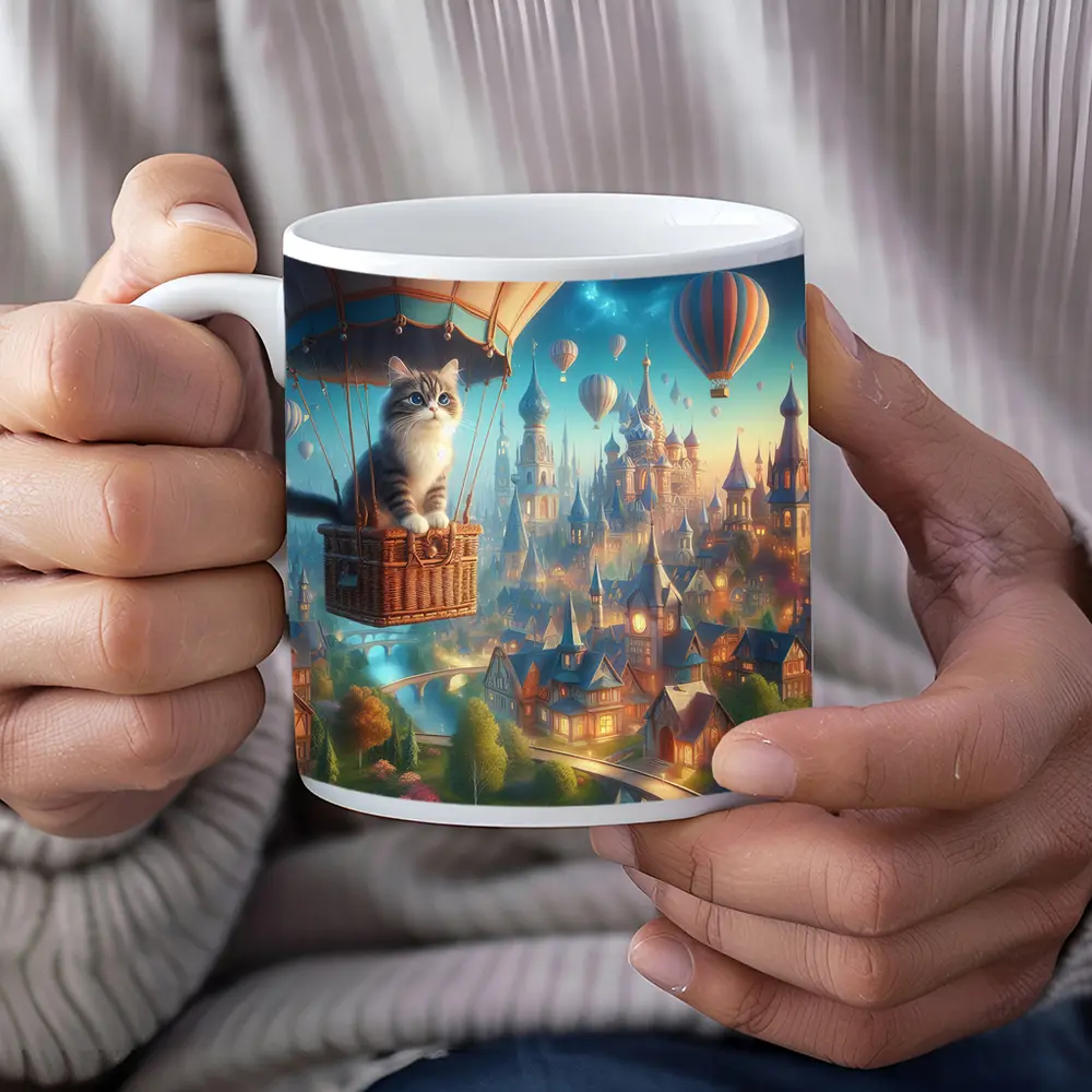 Cat Hot Air Balloon Fantasy Castle Town – Mugs
