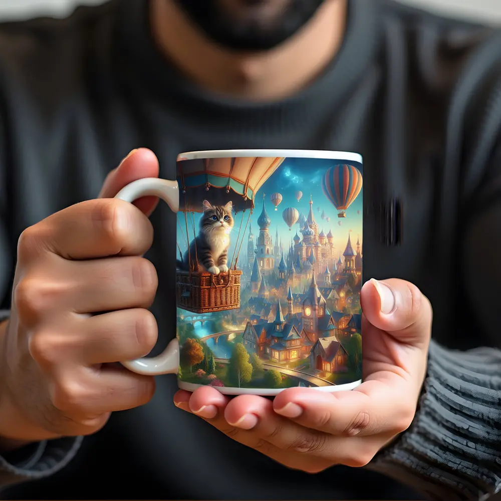 Cat Hot Air Balloon Fantasy Castle Town – Mugs