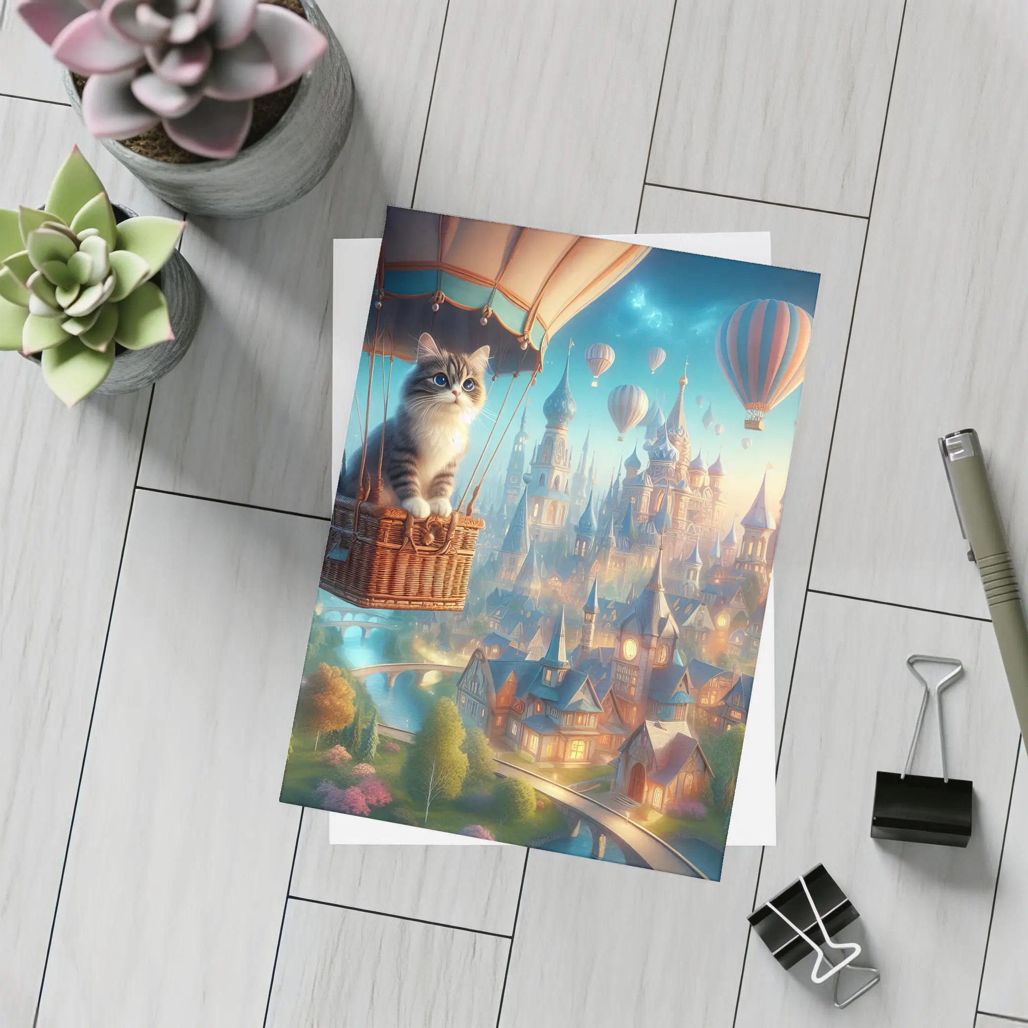 Cat Hot Air Balloon Fantasy Castle Town – Postcards