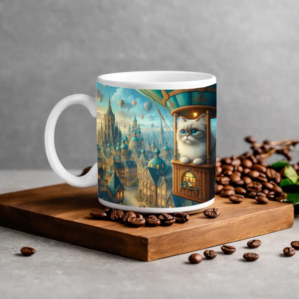 Ragdoll Cat Hot Air Balloon Fantasy City – Mugs