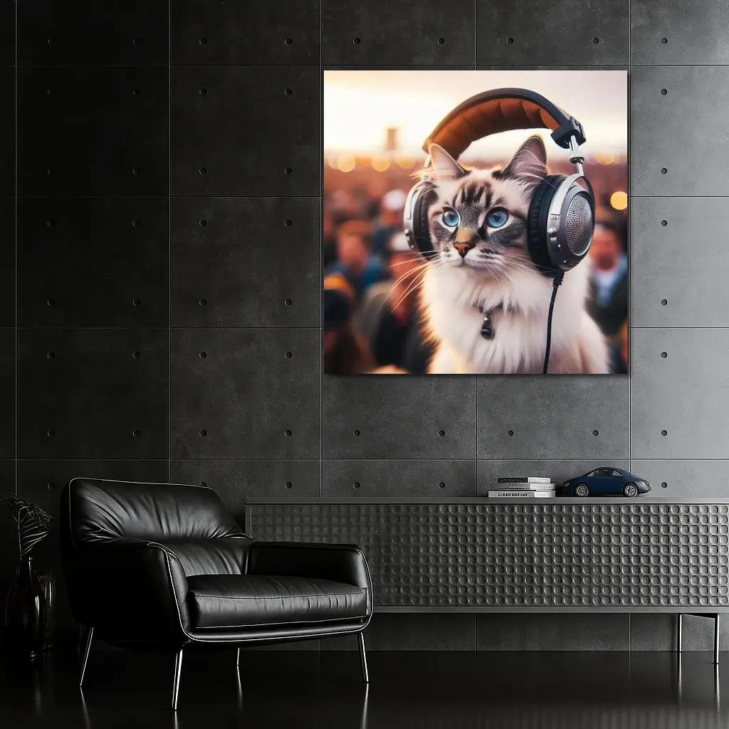 Ragdoll Cat Wearing Headphones Crowd Background – Wall Art
