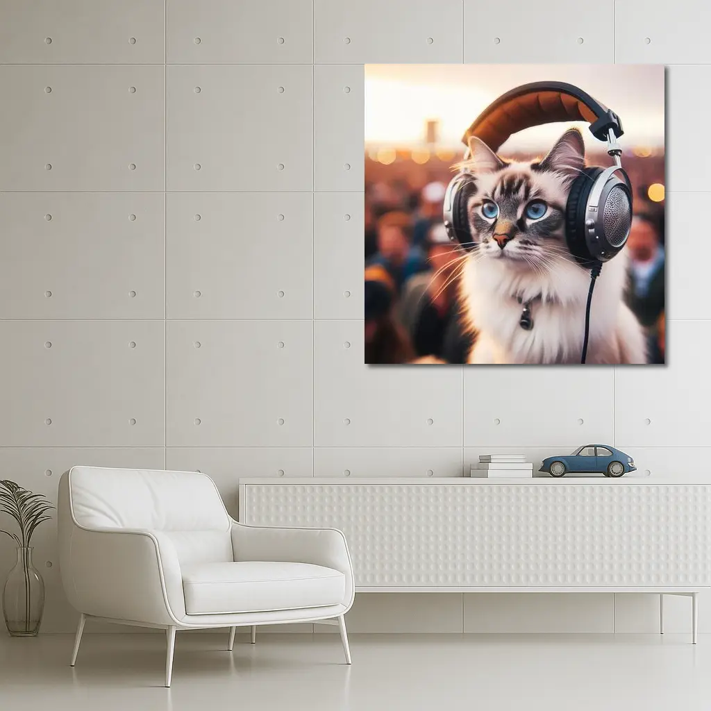 Ragdoll Cat Wearing Headphones Crowd Background – Wall Art