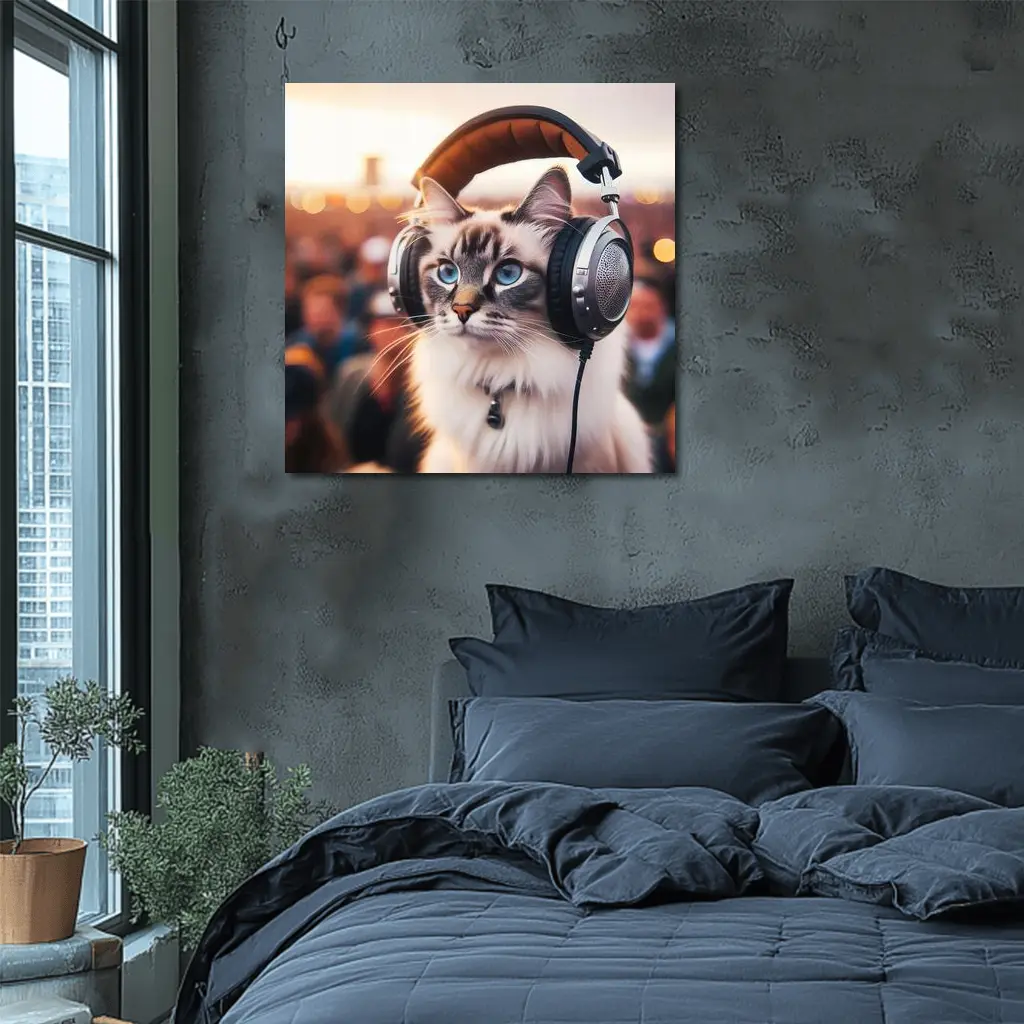 Ragdoll Cat Wearing Headphones Crowd Background – Wall Art