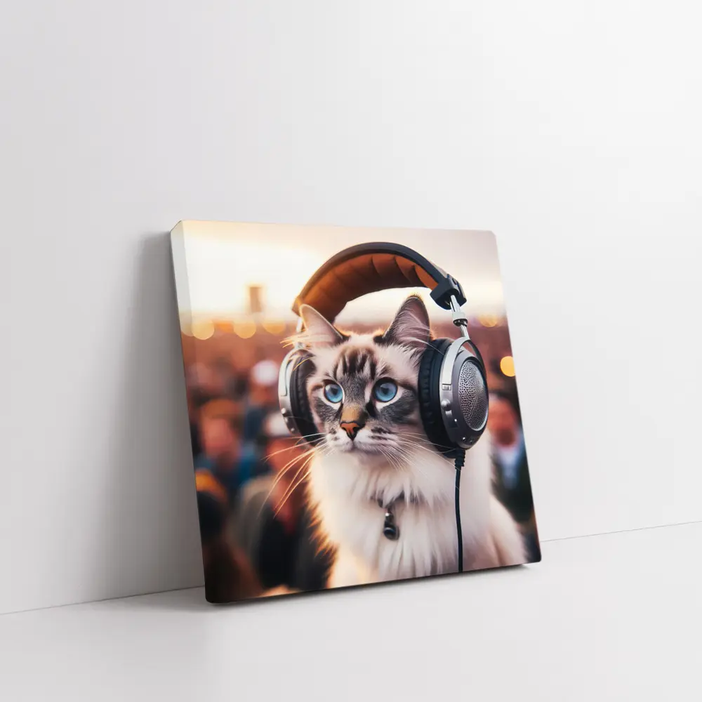 Ragdoll Cat Wearing Headphones Crowd Background – Wall Art