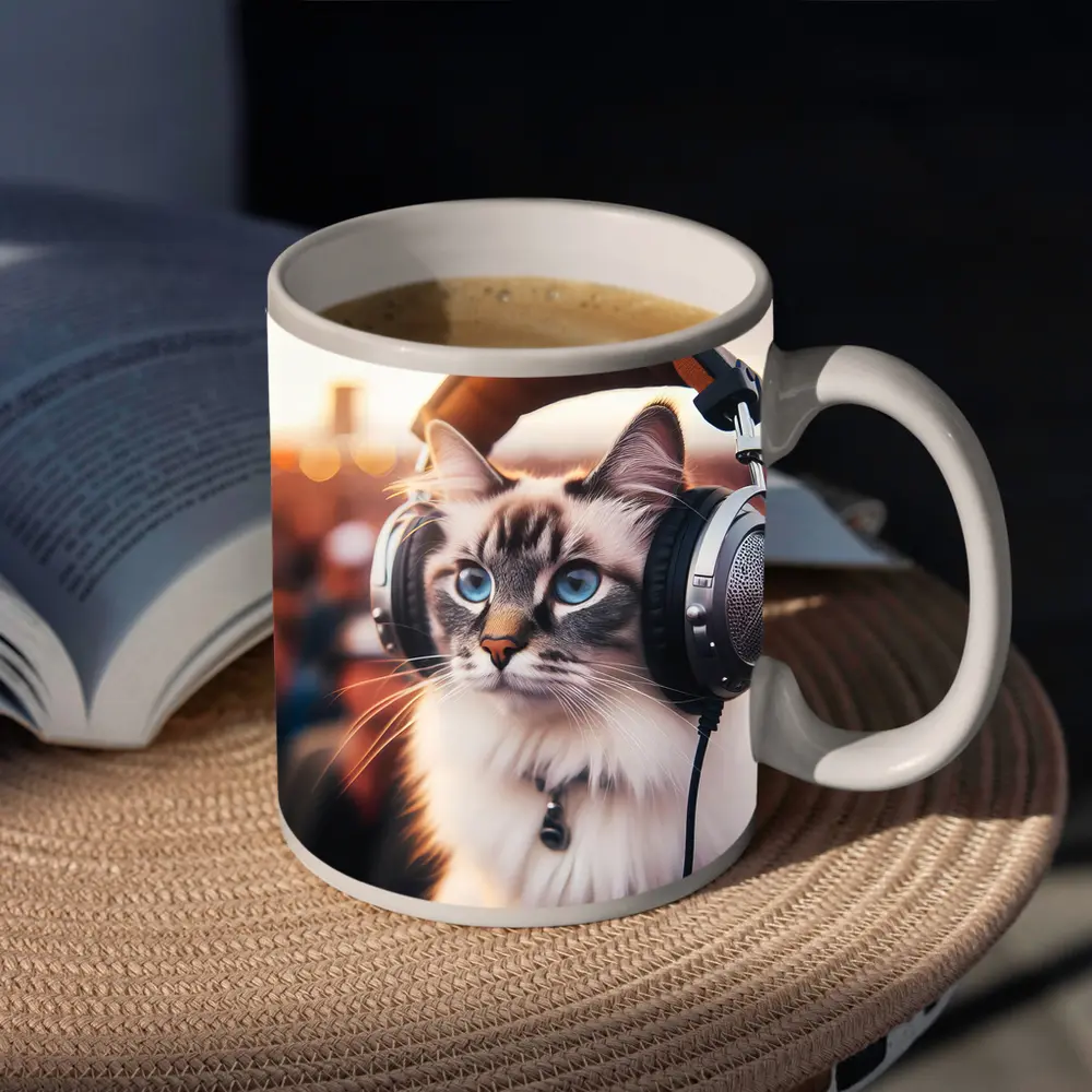 Ragdoll Cat Wearing Headphones Crowd Background – Mugs