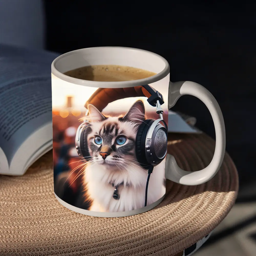 Ragdoll Cat Wearing Headphones Crowd Background – Mugs