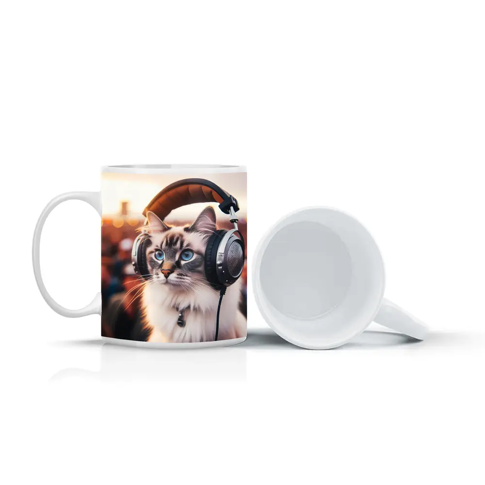 Ragdoll Cat Wearing Headphones Crowd Background – Mugs