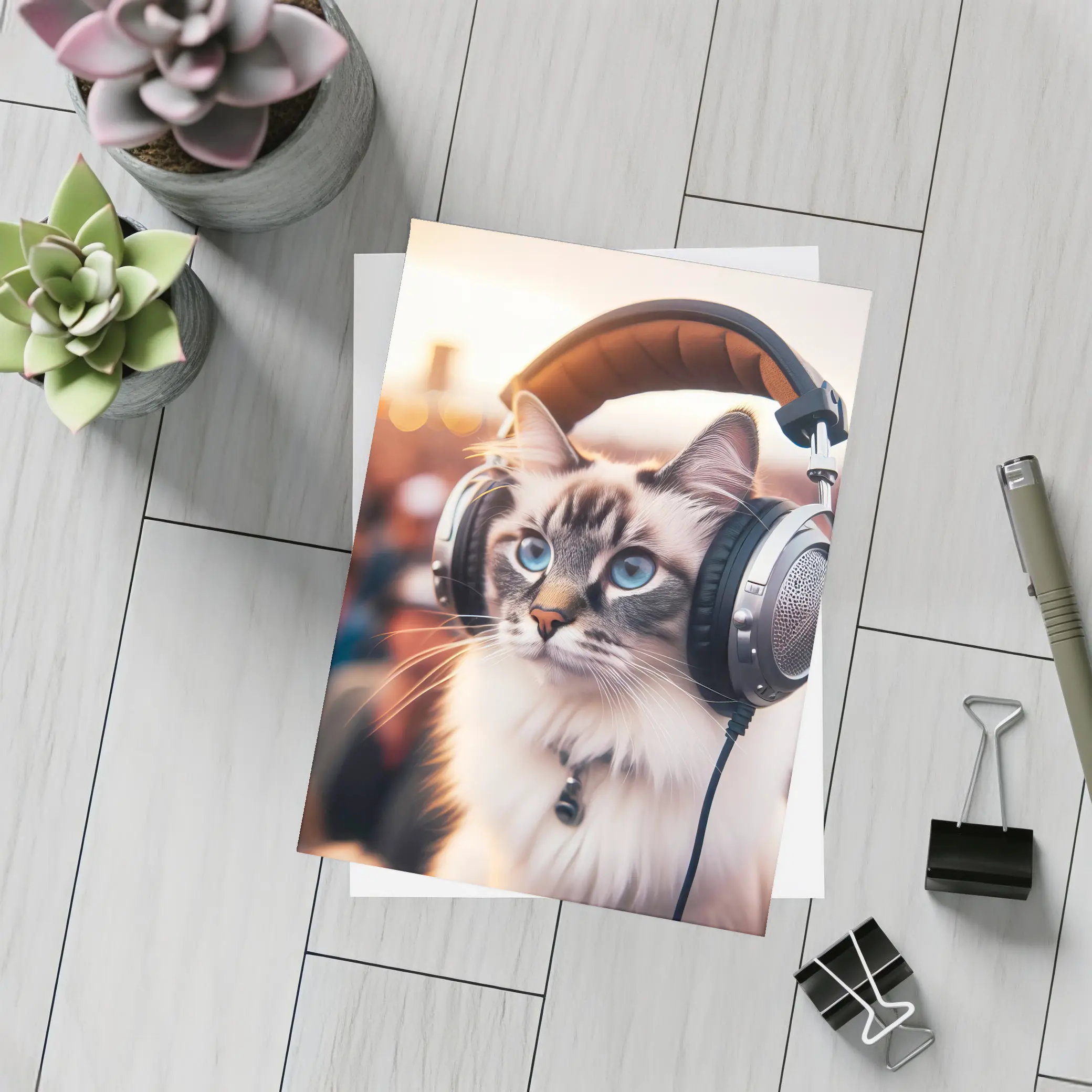 Ragdoll Cat Wearing Headphones Crowd Background – Postcards