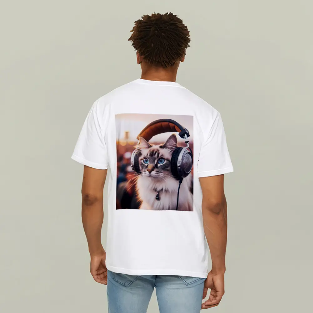 Ragdoll Cat Wearing Headphones Crowd Background – T-Shirts