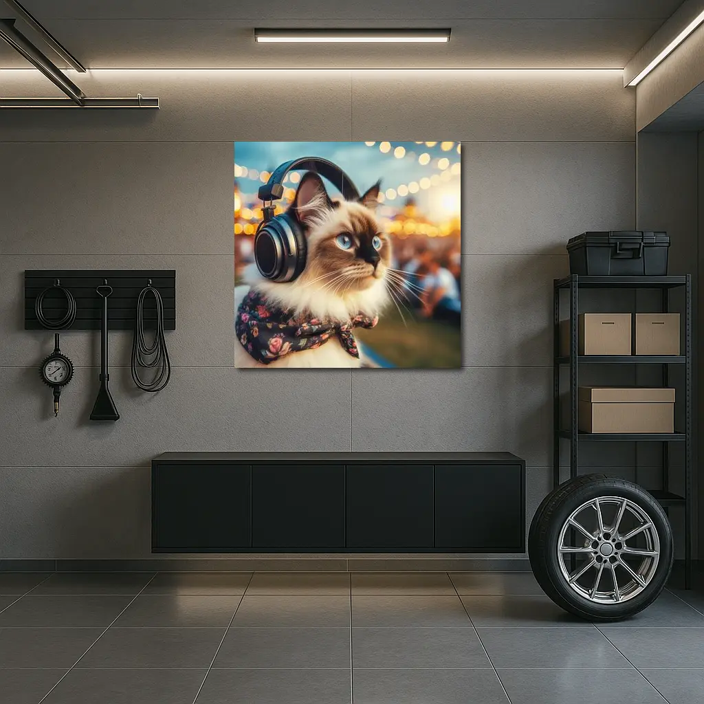 Birman Cat Headphones Floral Bandana Bokeh Lights – Wall Art