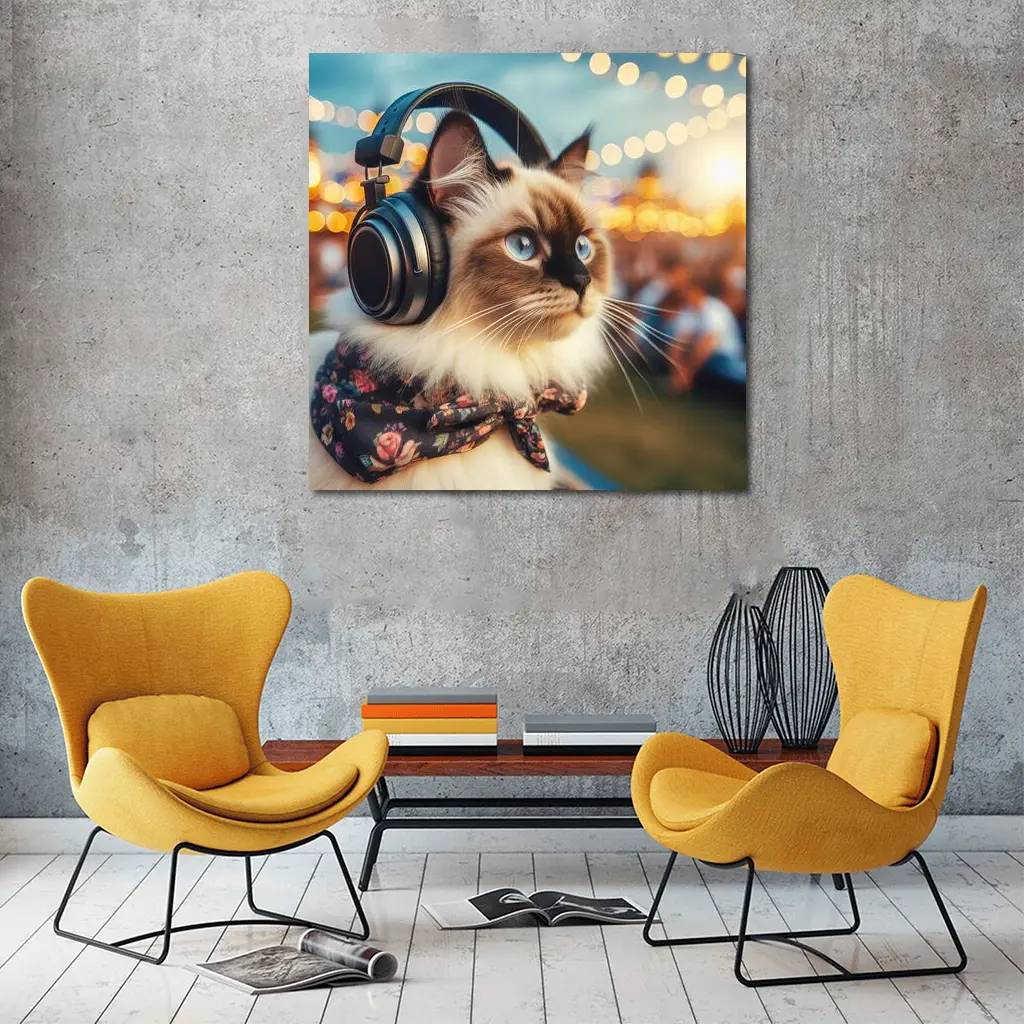 Birman Cat Headphones Floral Bandana Bokeh Lights – Wall Art