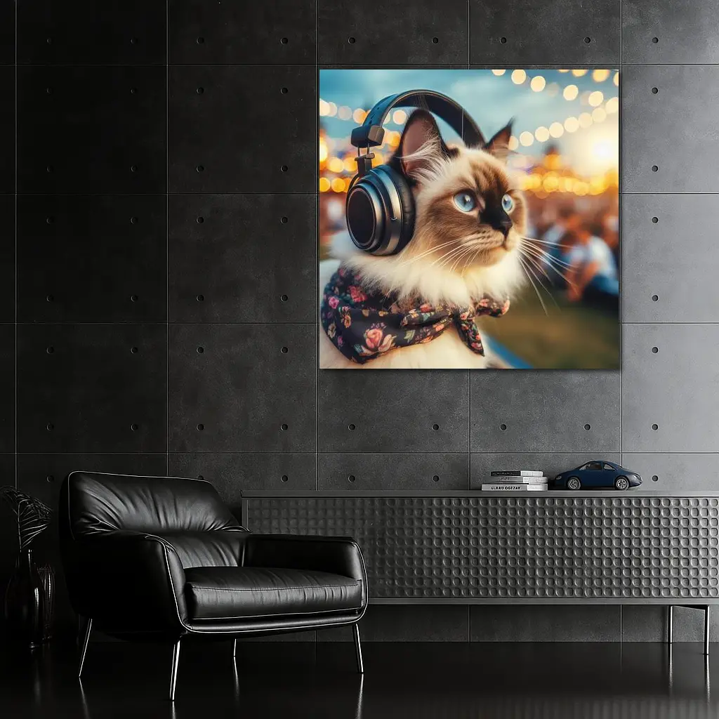 Birman Cat Headphones Floral Bandana Bokeh Lights – Wall Art
