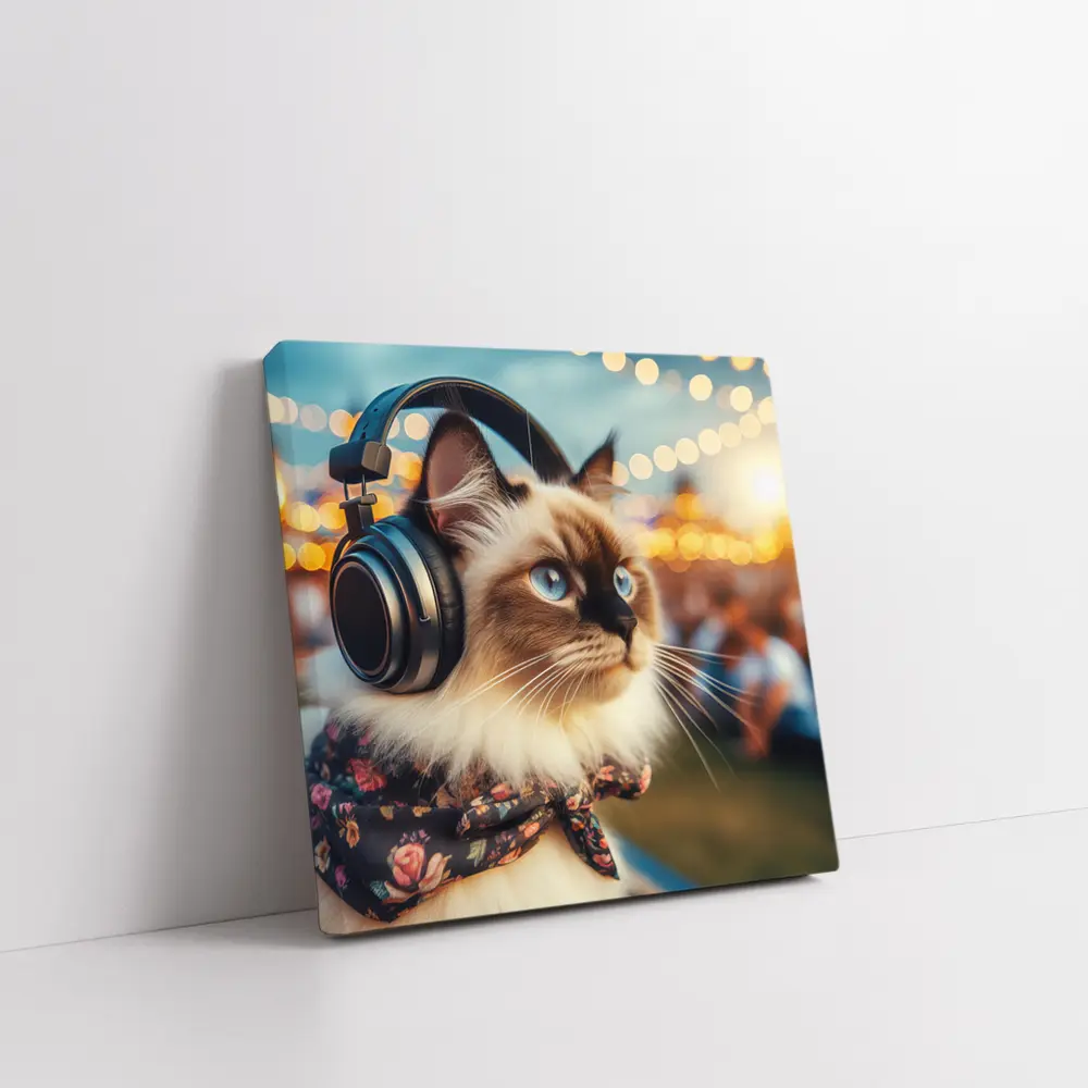 Birman Cat Headphones Floral Bandana Bokeh Lights – Wall Art