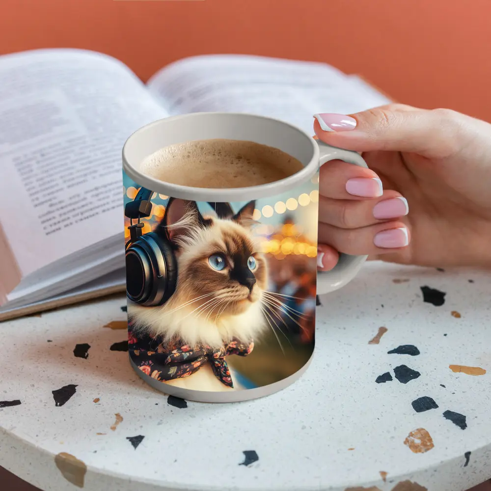 Birman Cat Headphones Floral Bandana Bokeh Lights – Mugs