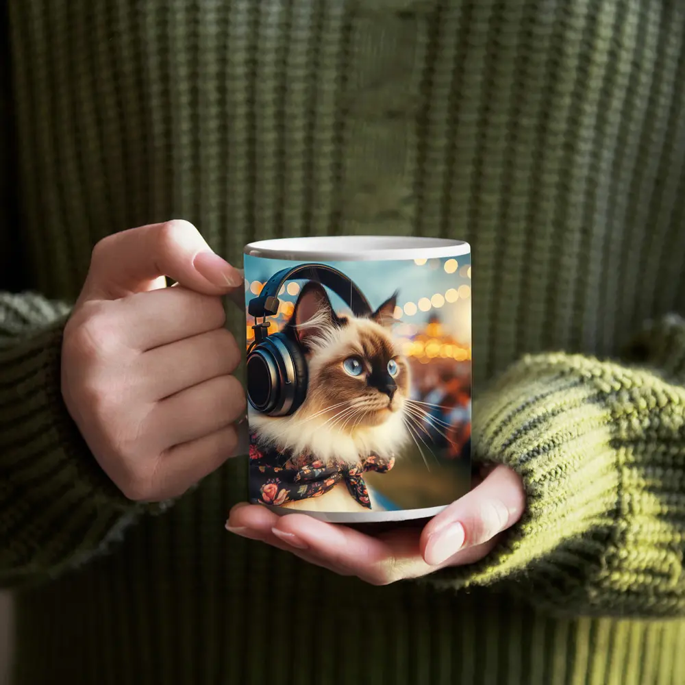 Birman Cat Headphones Floral Bandana Bokeh Lights – Mugs