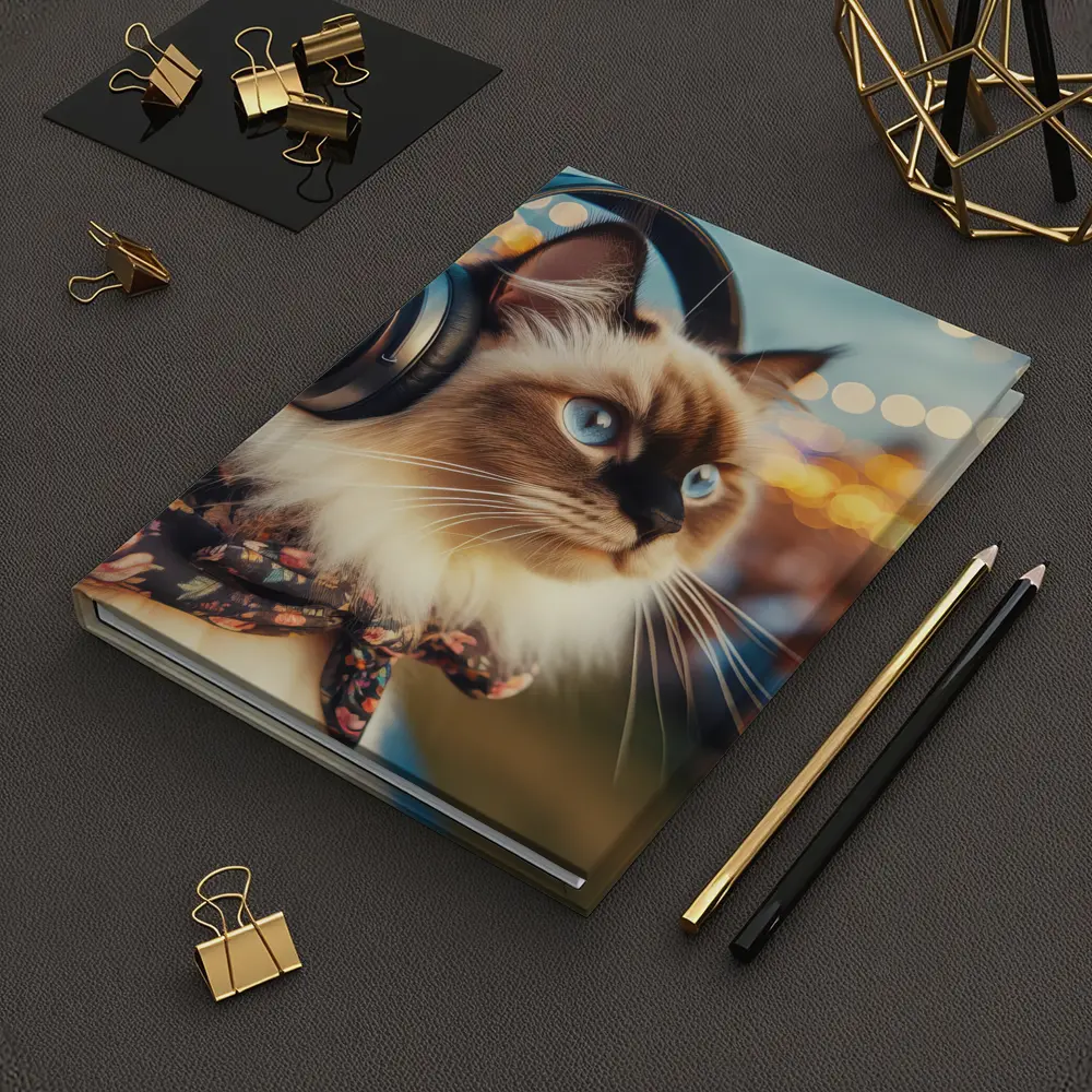 Birman Cat Headphones Floral Bandana Bokeh Lights – Notebooks