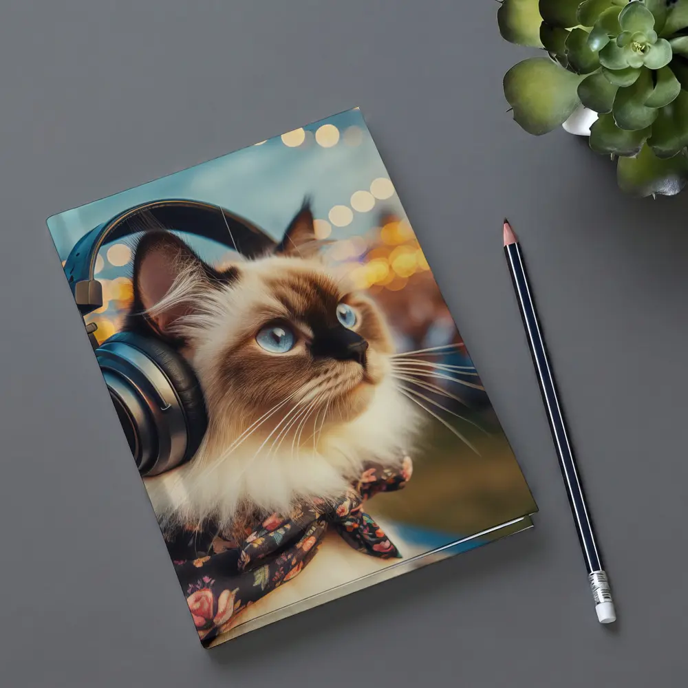 Birman Cat Headphones Floral Bandana Bokeh Lights – Notebooks