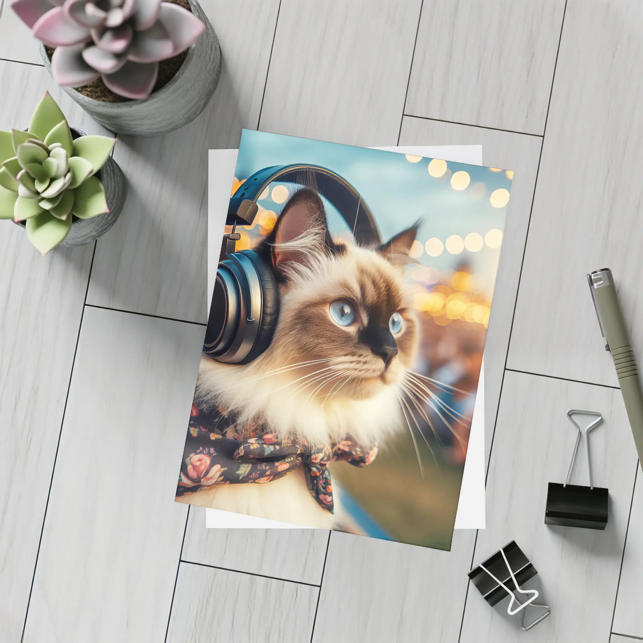 Birman Cat Headphones Floral Bandana Bokeh Lights – Postcards