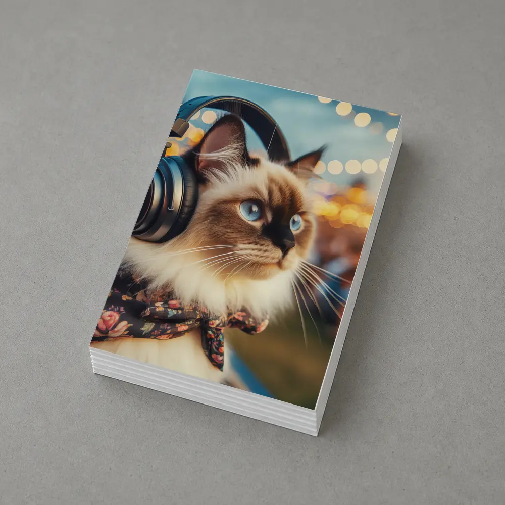 Birman Cat Headphones Floral Bandana Bokeh Lights – Postcards