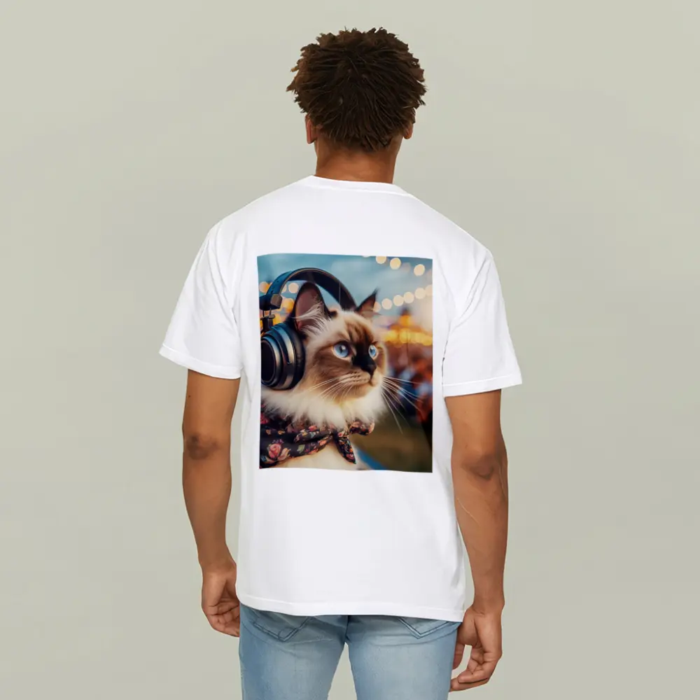 Birman Cat Headphones Floral Bandana Bokeh Lights – T-Shirts