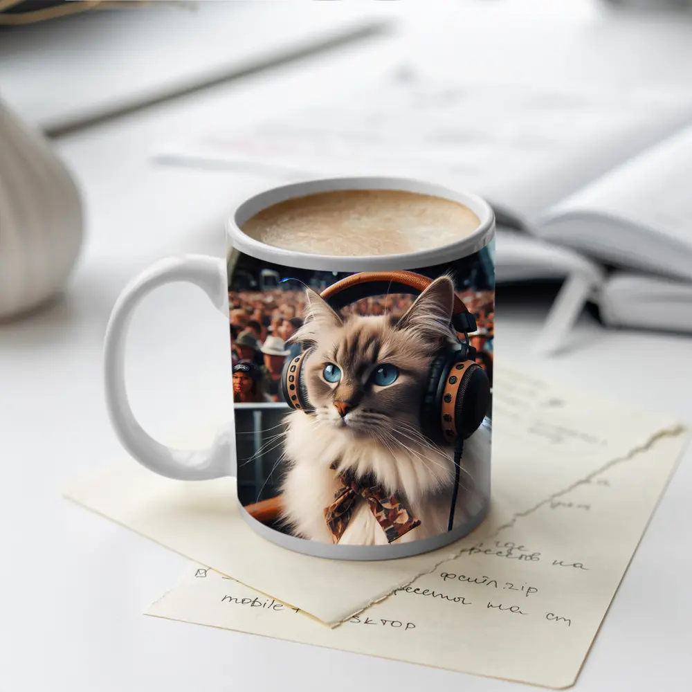 Ragdoll Cat Headphones Concert Festival Crowd – Mugs