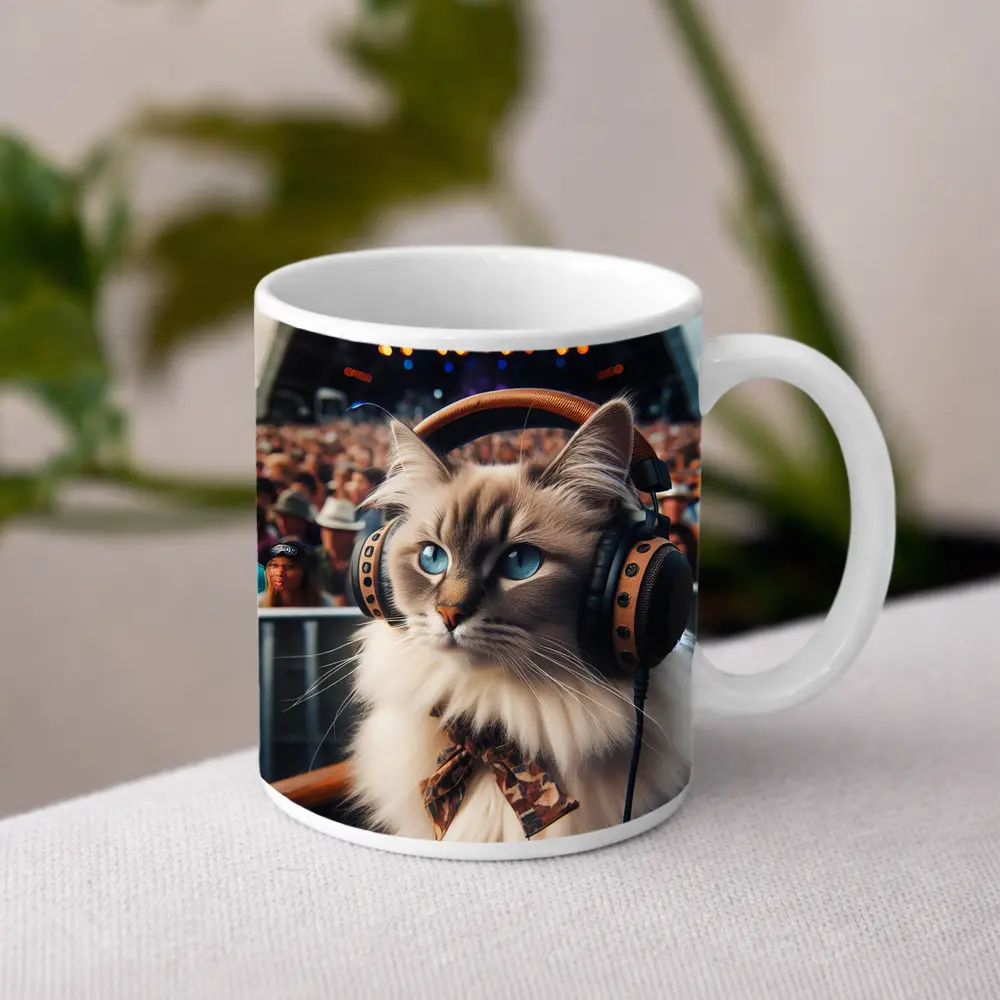 Ragdoll Cat Headphones Concert Festival Crowd – Mugs