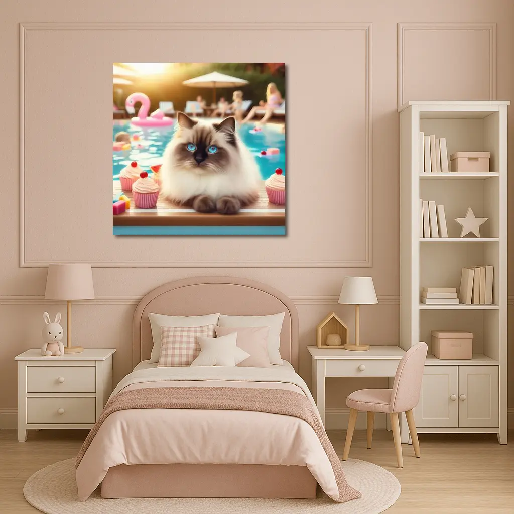 Birman Cat Blue Eyes Pool Party Summer – Wall Art