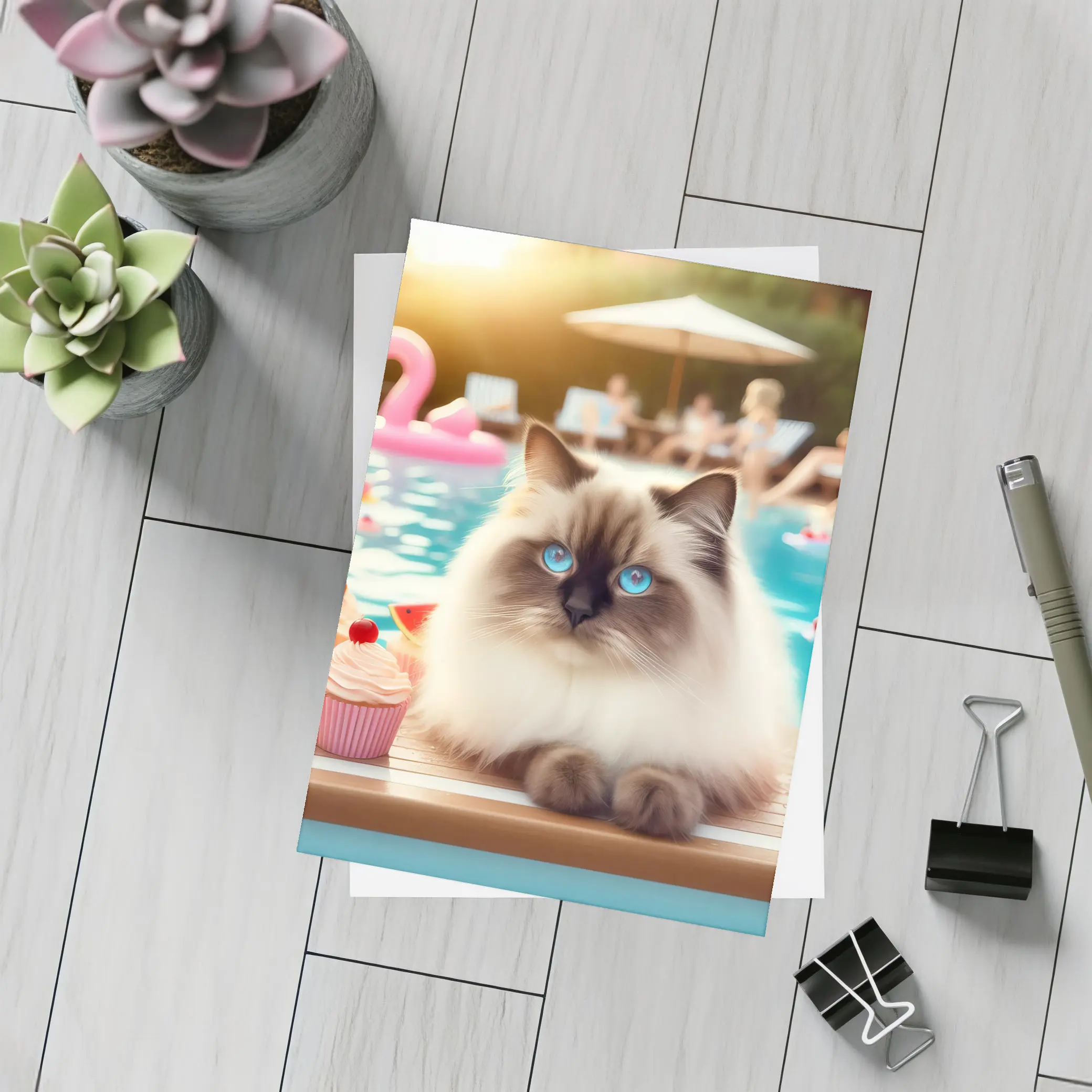 Birman Cat Blue Eyes Pool Party Summer – Postcards