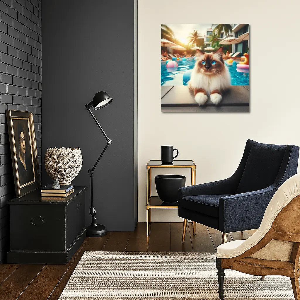 Ragdoll Cat Relaxing By Resort Pool – Wall Art