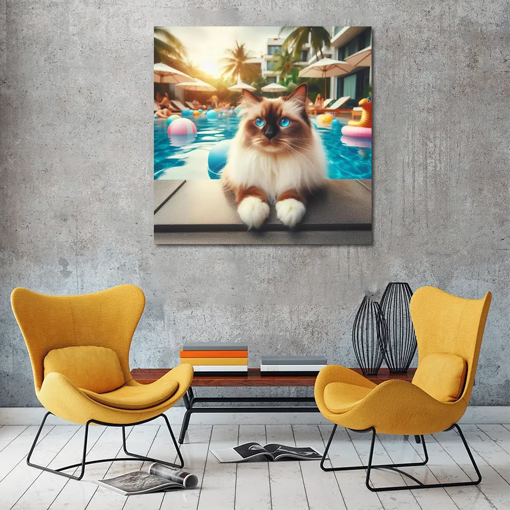 Ragdoll Cat Relaxing By Resort Pool – Wall Art