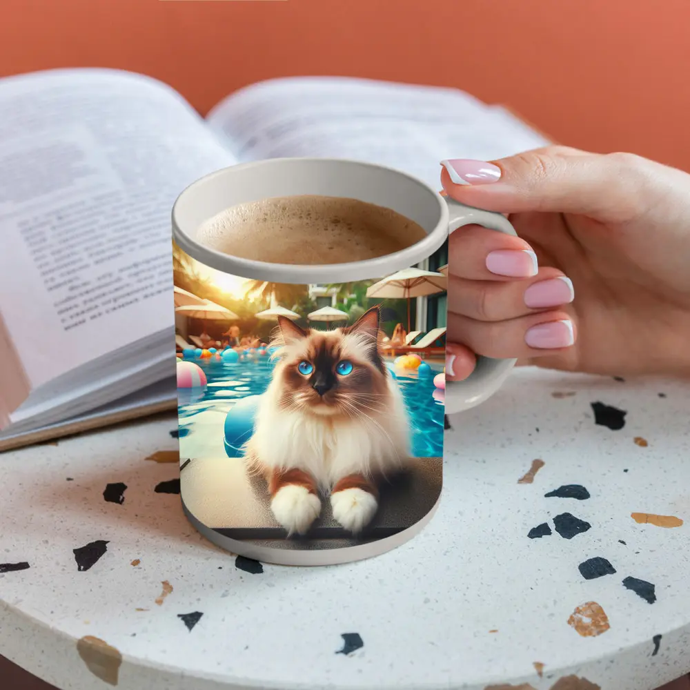 Ragdoll Cat Relaxing By Resort Pool – Mugs