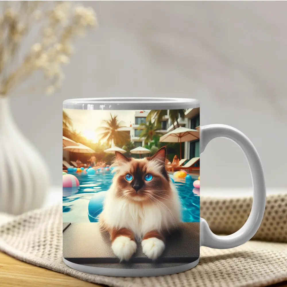 Ragdoll Cat Relaxing By Resort Pool – Mugs
