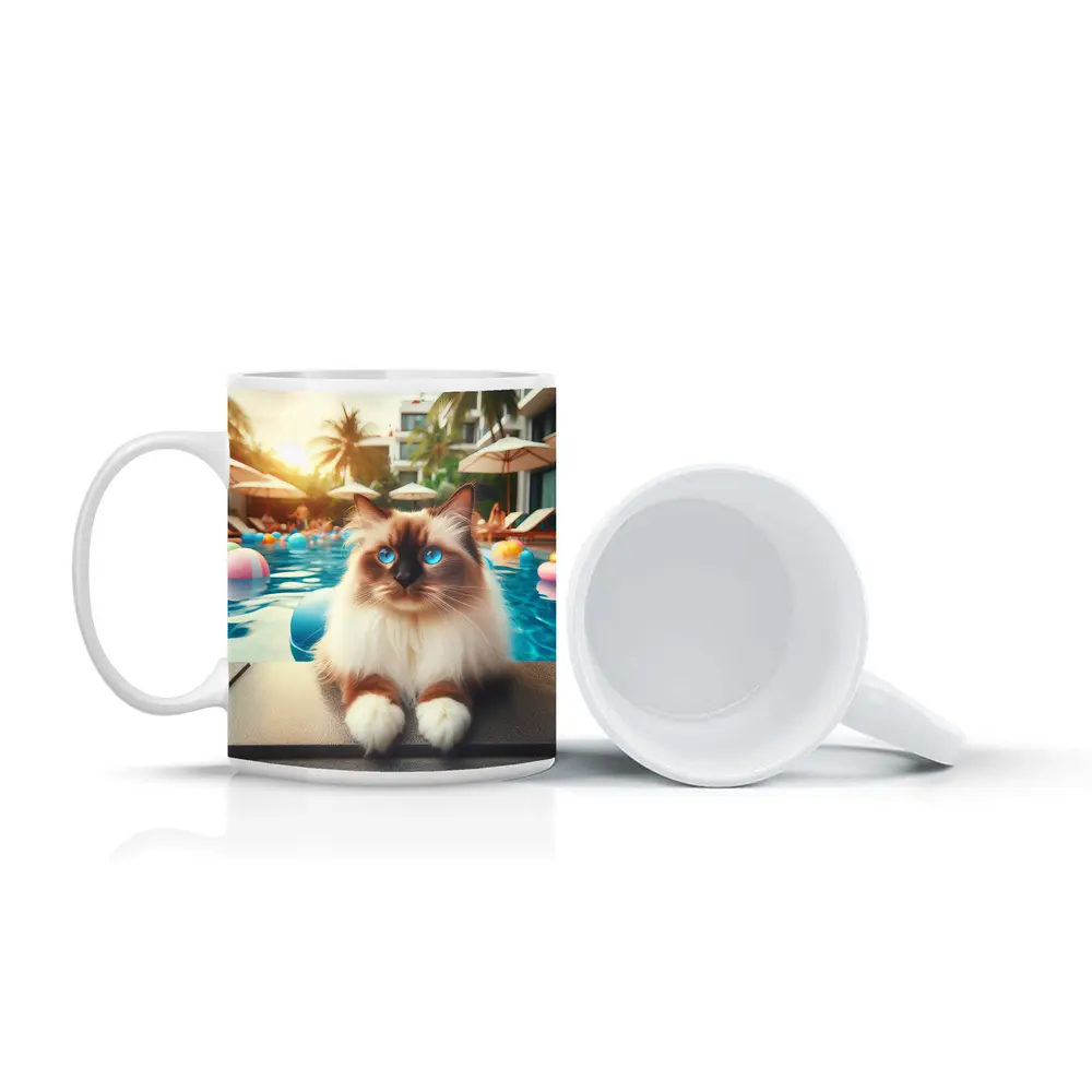 Ragdoll Cat Relaxing By Resort Pool – Mugs