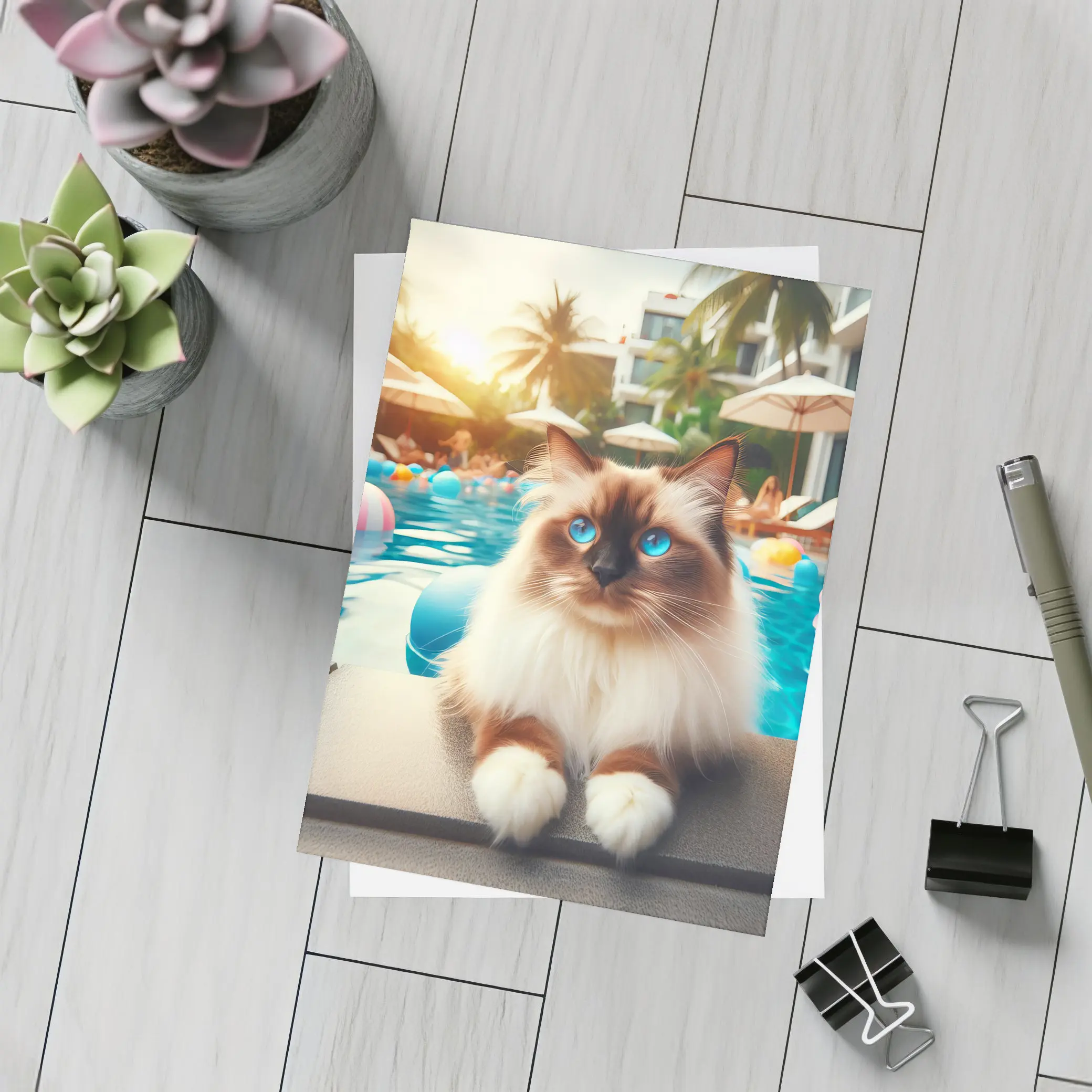 Ragdoll Cat Relaxing By Resort Pool – Postcards