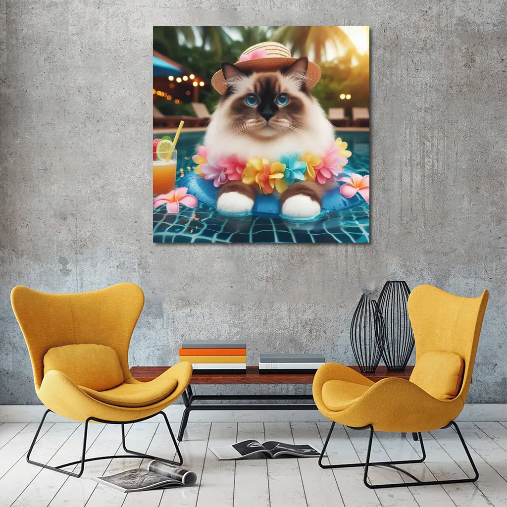 Ragdoll Cat Relaxing by Tropical Pool – Wall Art