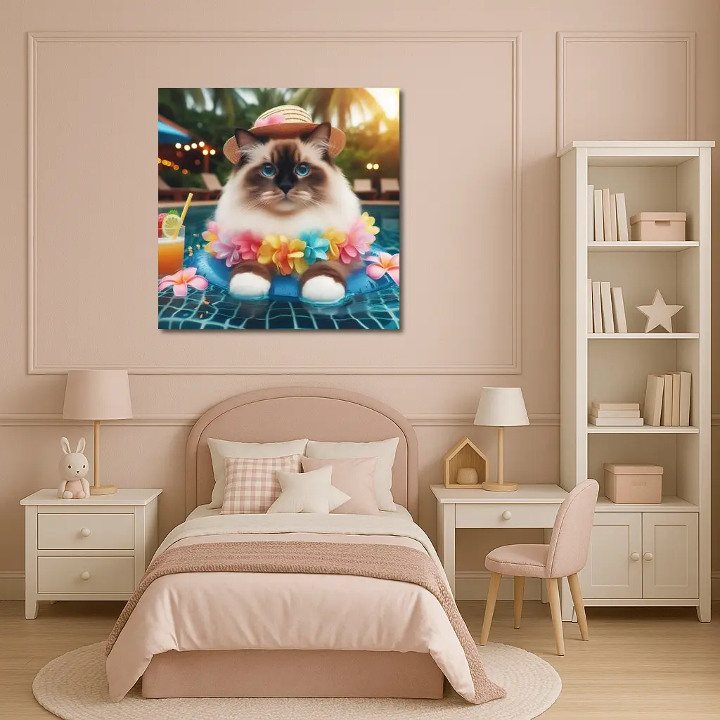 Ragdoll Cat Relaxing by Tropical Pool – Wall Art