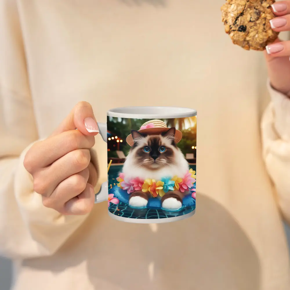 Ragdoll Cat Relaxing by Tropical Pool – Mugs