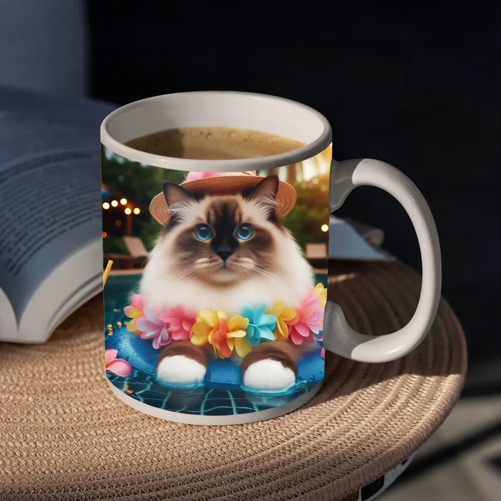 Ragdoll Cat Relaxing by Tropical Pool – Mugs