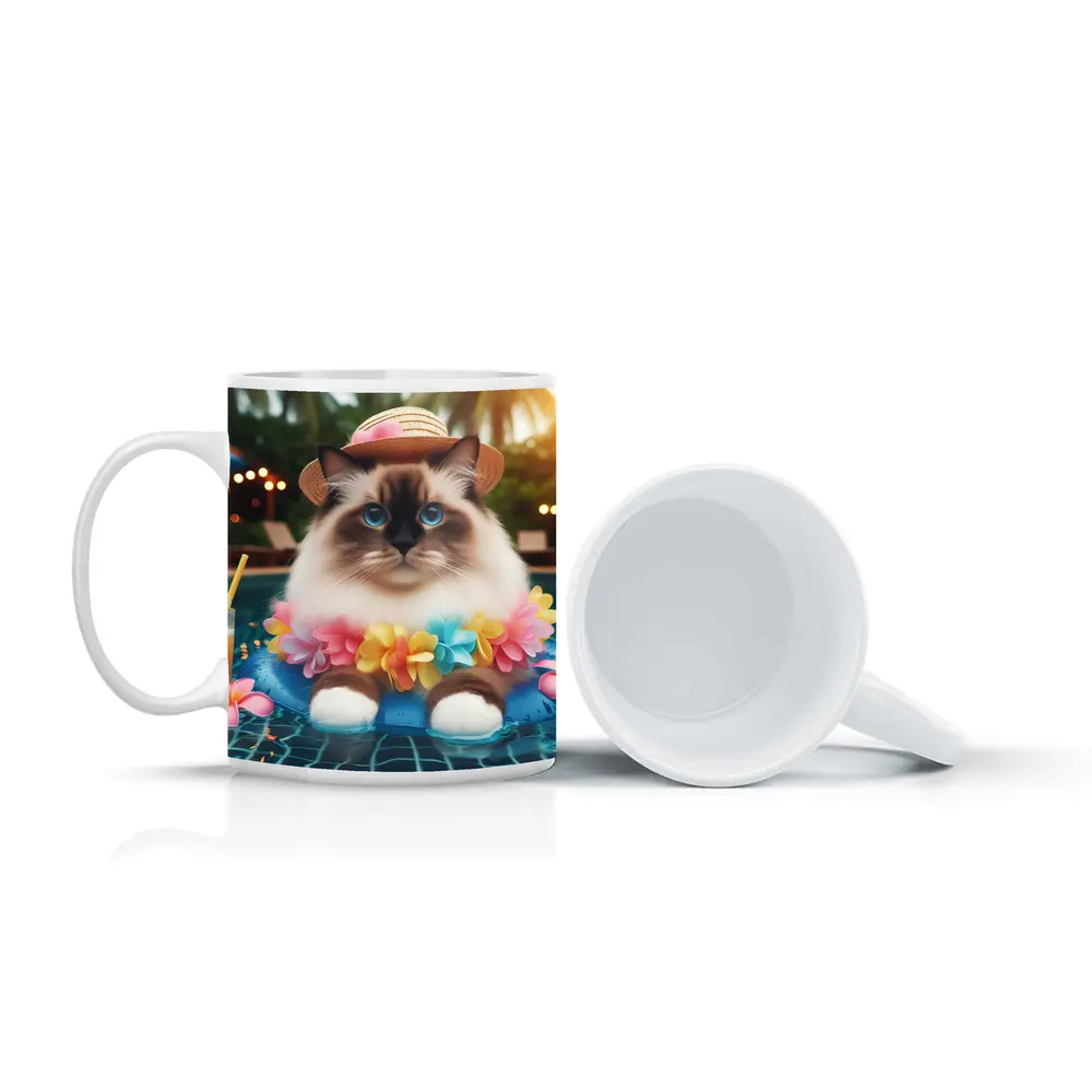 Ragdoll Cat Relaxing by Tropical Pool – Mugs