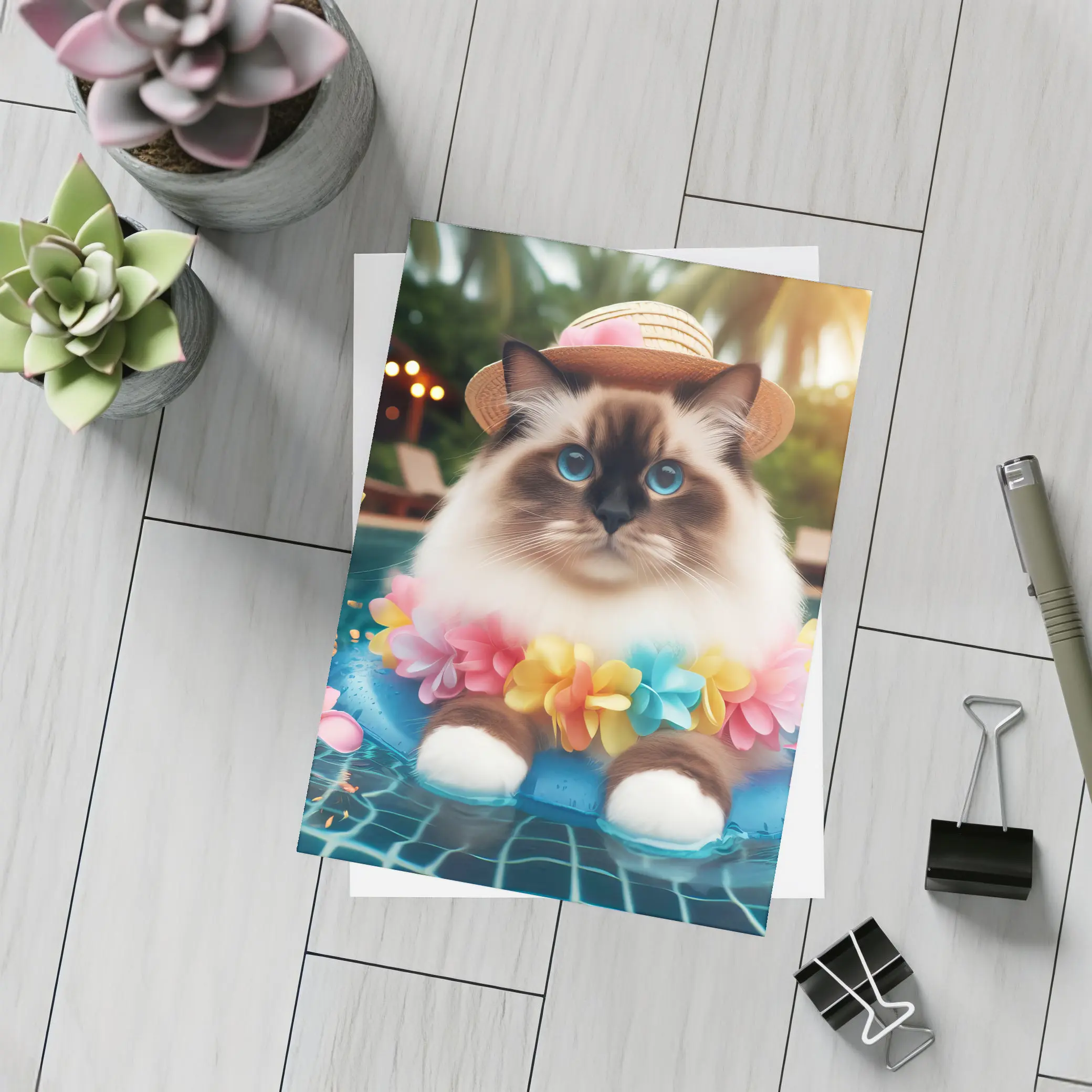 Ragdoll Cat Relaxing by Tropical Pool – Postcards