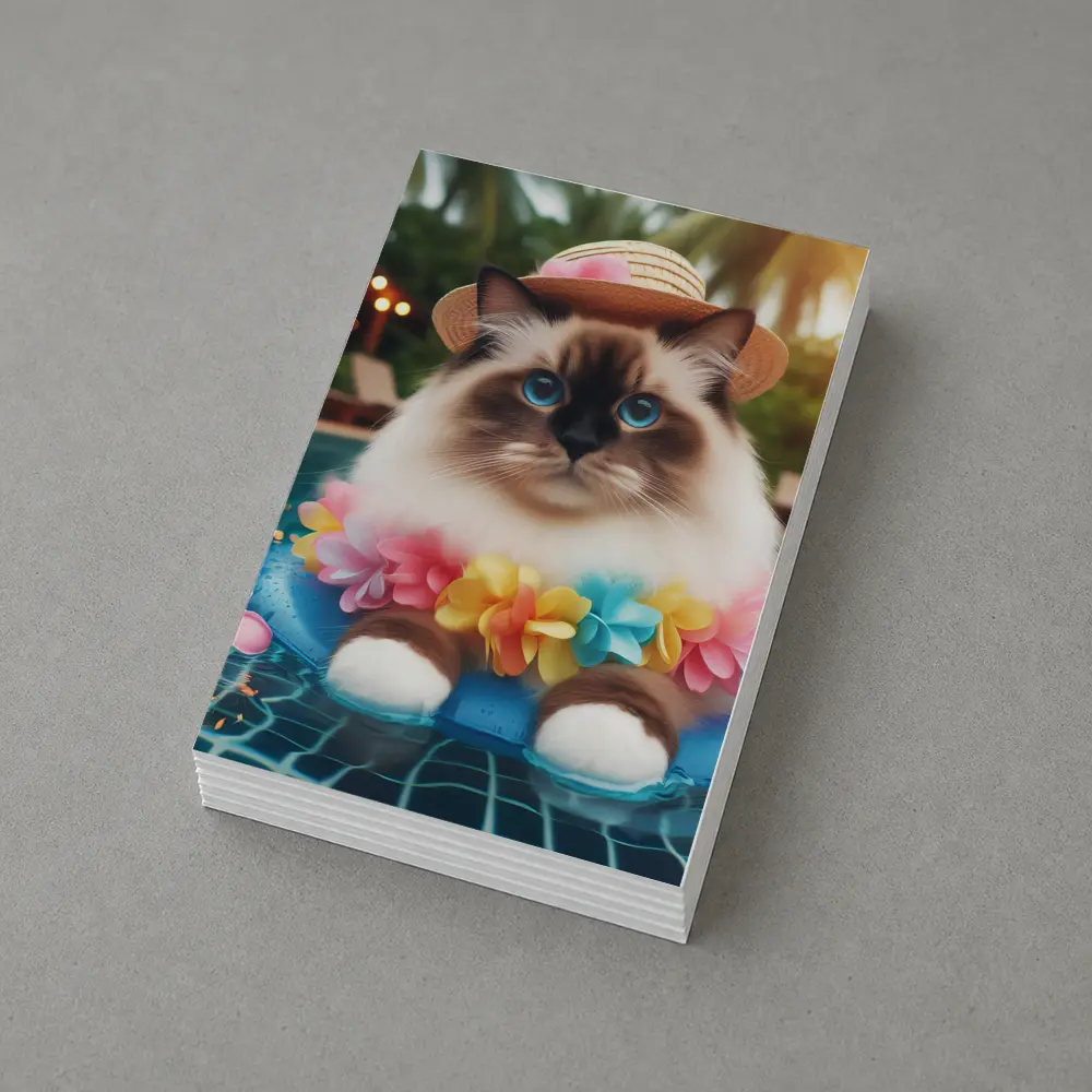 Ragdoll Cat Relaxing by Tropical Pool – Postcards
