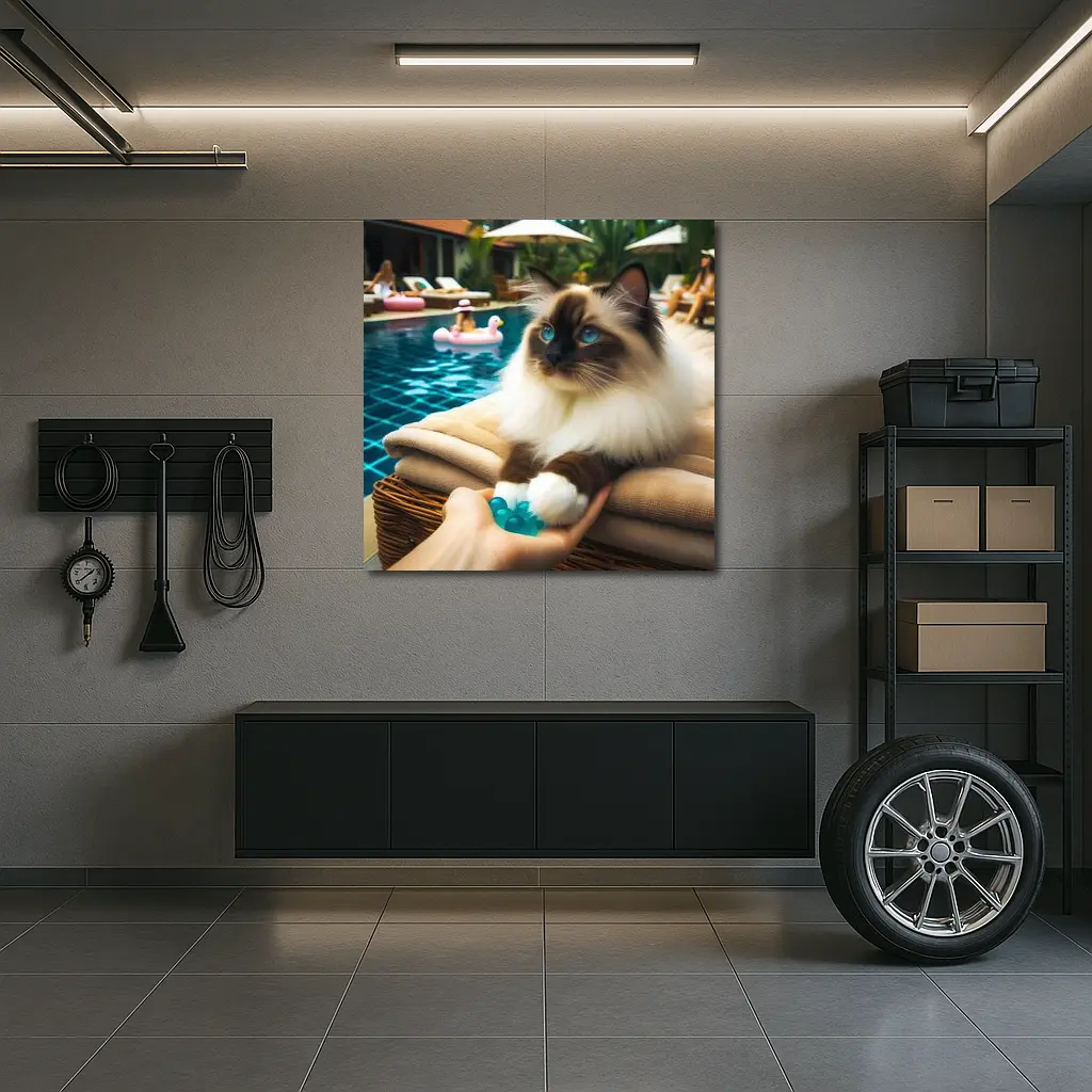 Birman Cat Relaxing By Tropical Pool – Wall Art