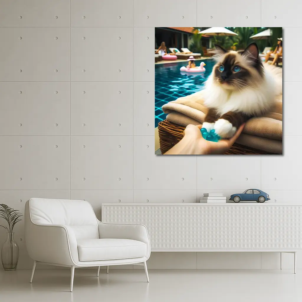 Birman Cat Relaxing By Tropical Pool – Wall Art