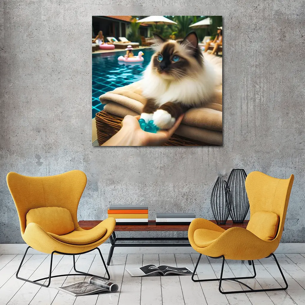 Birman Cat Relaxing By Tropical Pool – Wall Art